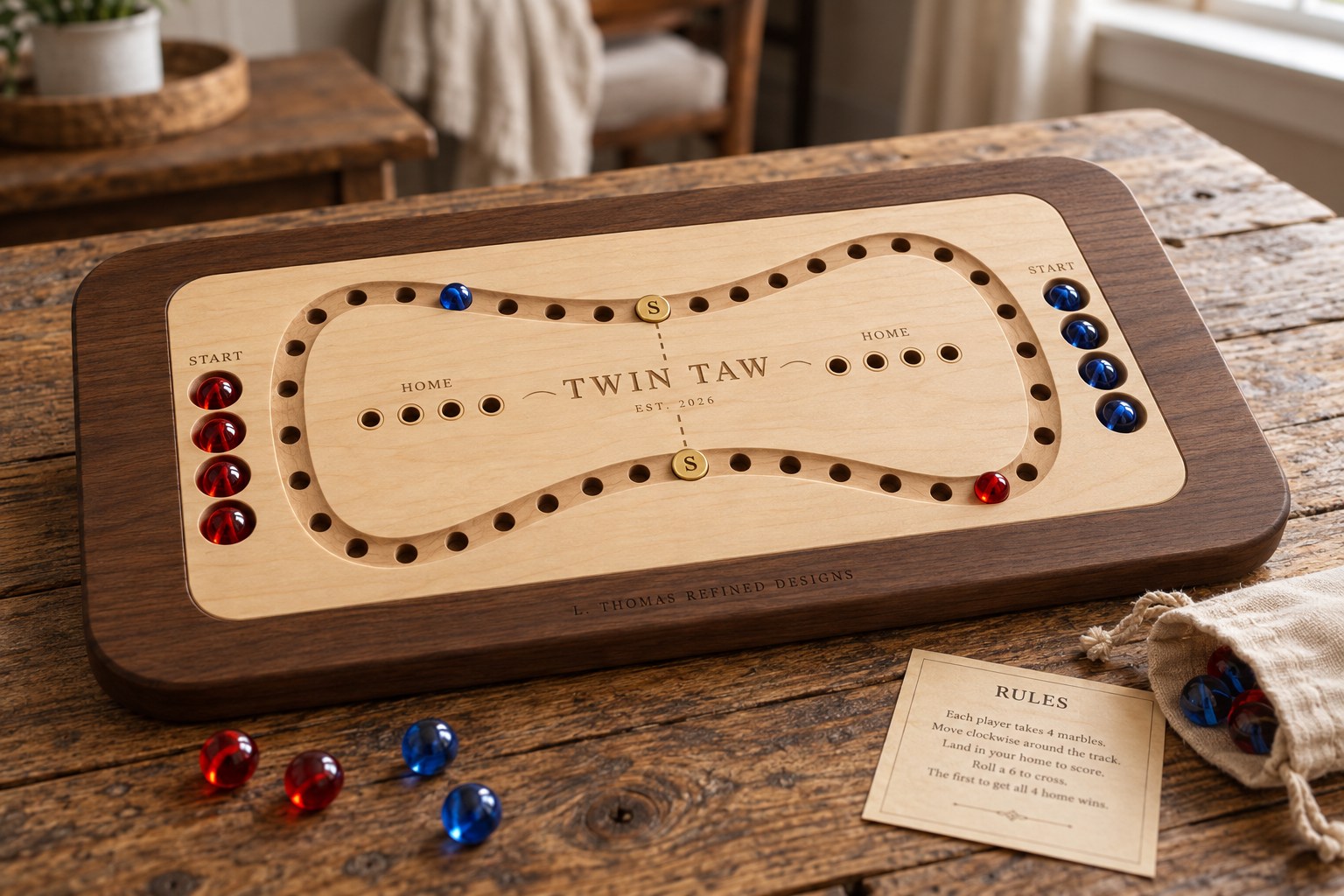Illustrative Twin Taw board concept with a walnut frame, maple field, and red and blue marbles